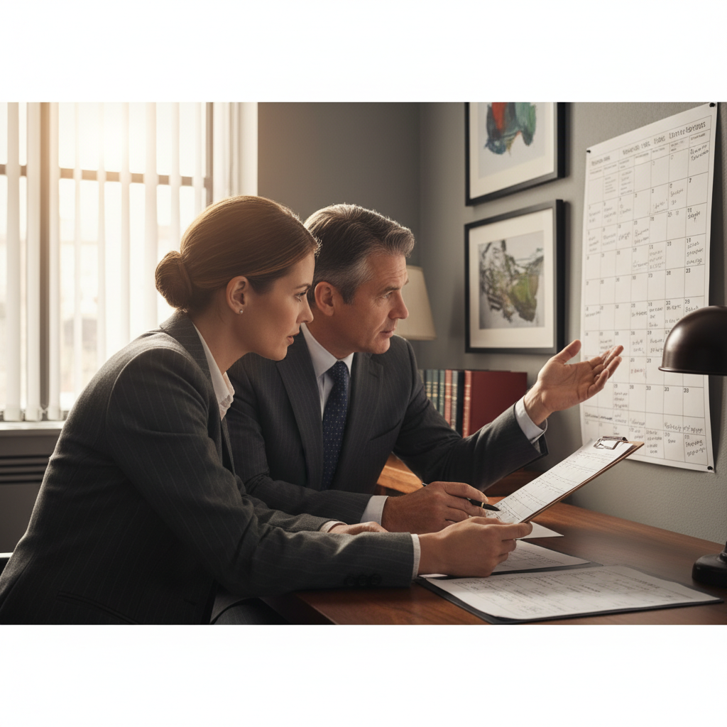 Small business owner meeting with a business law attorney reviewing a compliance calendar and checklist