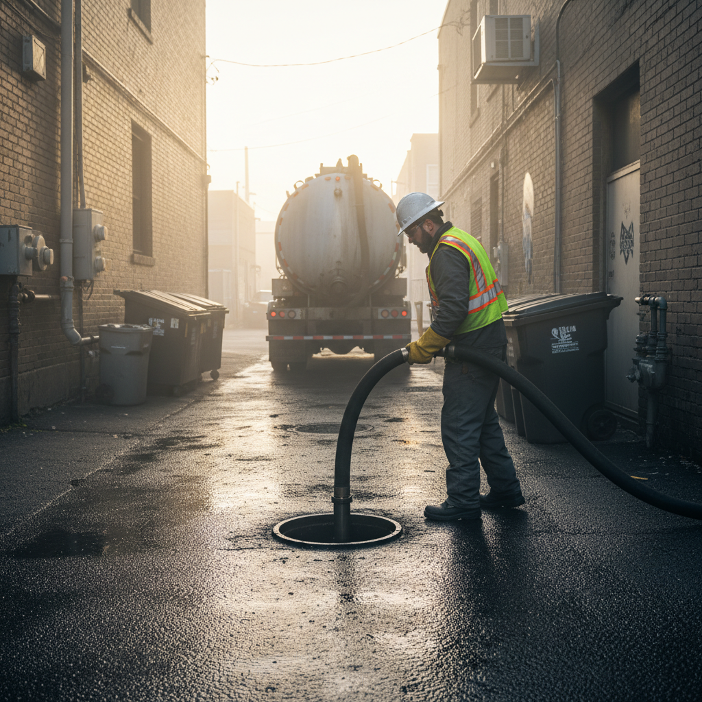 Vacuum truck hose servicing outdoor gravity grease interceptor at Ontario restaurant, technician in PPE