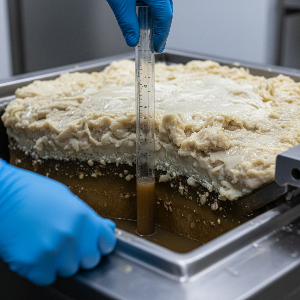 Close-up of opened commercial grease trap showing FOG layers and technician measuring for grease trap pumping frequency