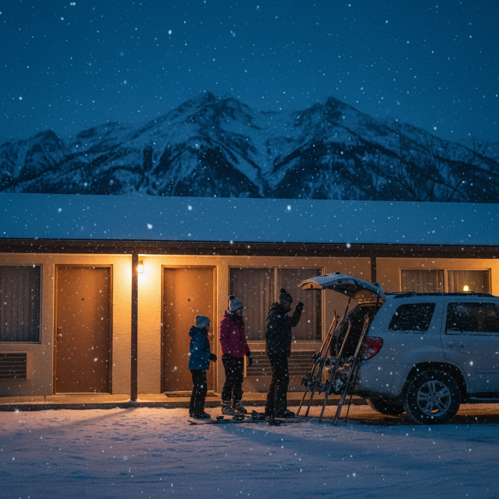 Evening scene at North Conway motel with guests unloading ski gear by room doors, ideal for a Main Street base near Cranmore and Attitash