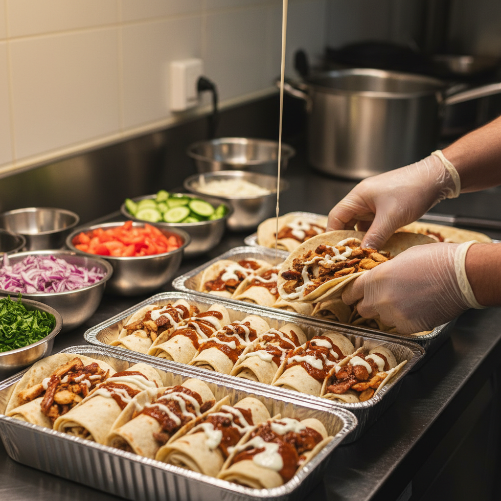 close-up of shawarma wraps for Toronto catering, showing fresh ingredients for event planning with food delivery