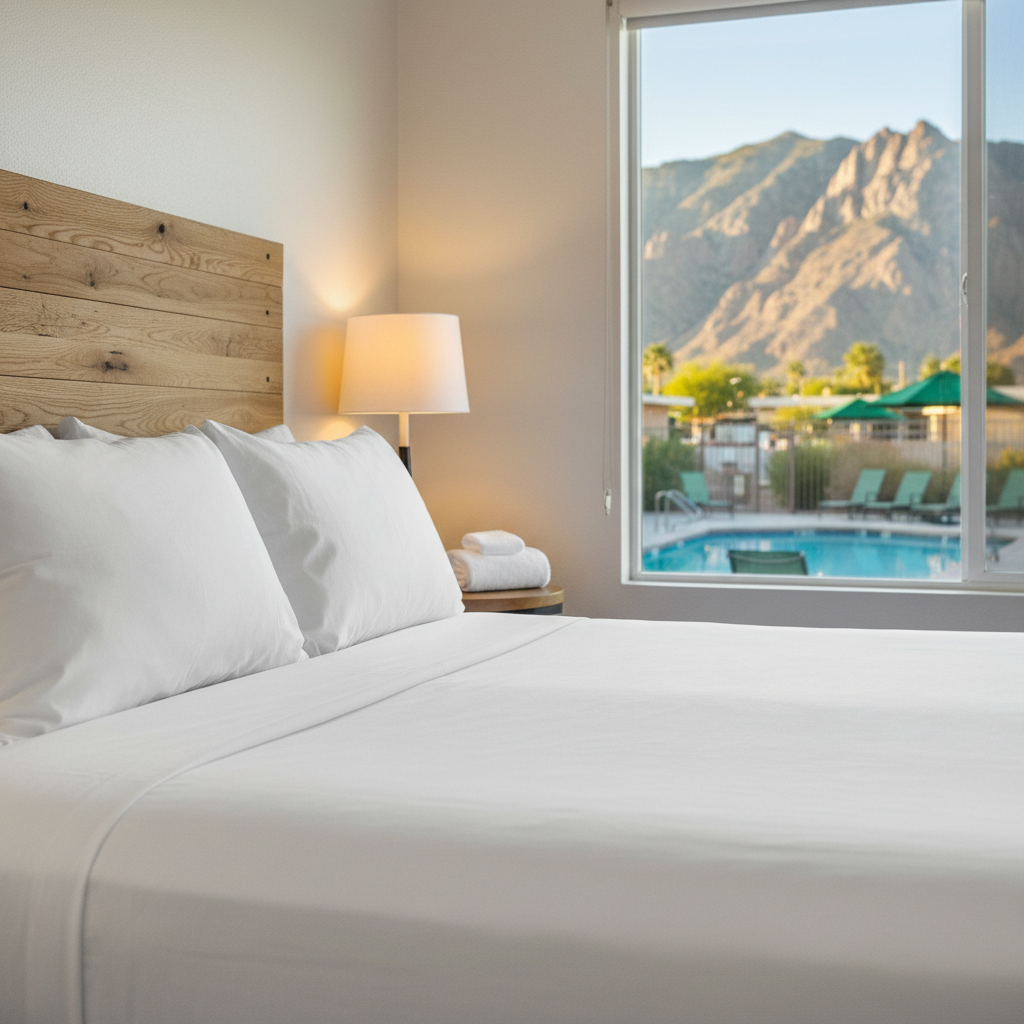 Renovated motel room interior in North Conway with cozy linens, mountain view, and pool deck, ideal for affordable motel rooms North Conway New Hampshire