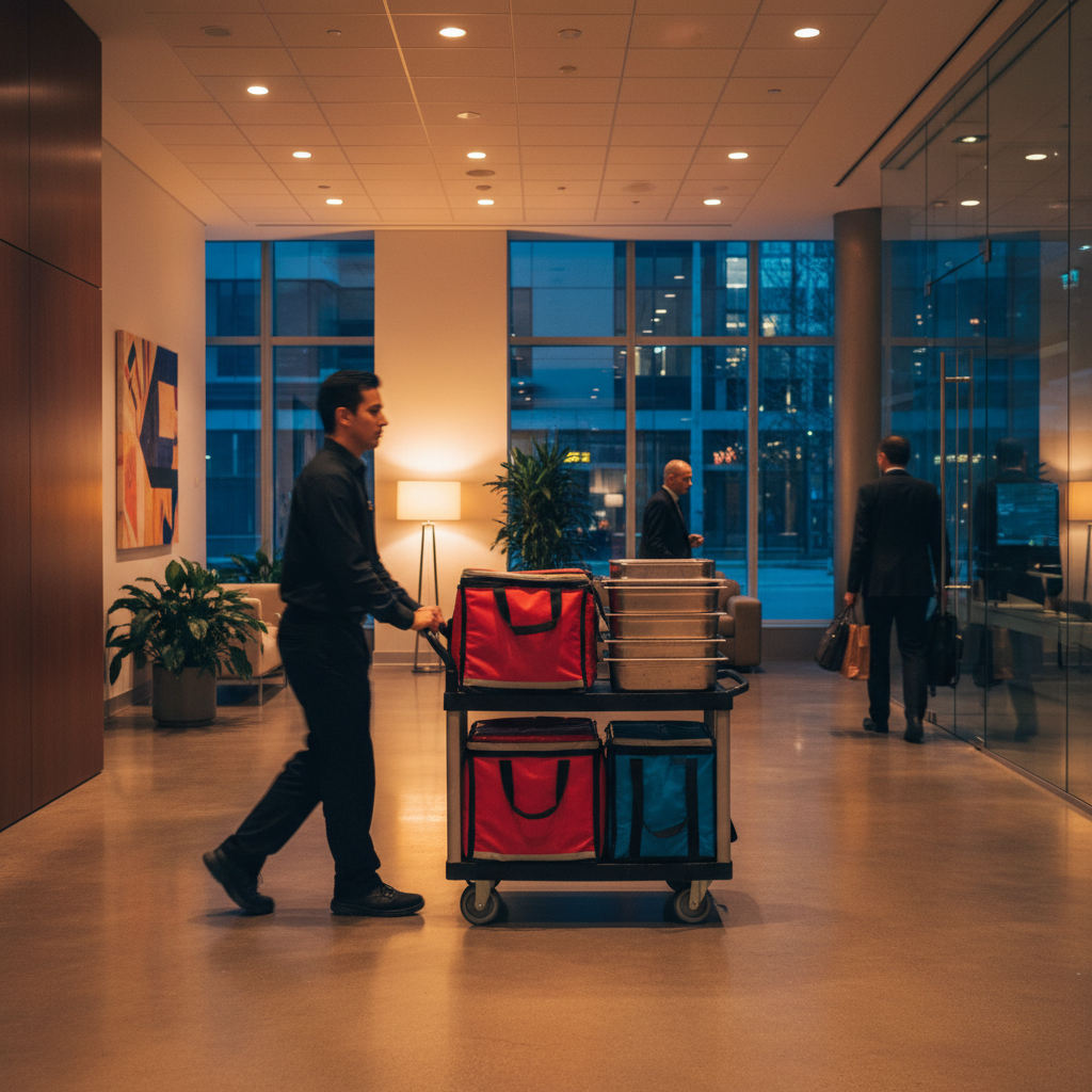 insulated catering delivery bags entering a Toronto office lobby near College Street for a corporate food delivery setup