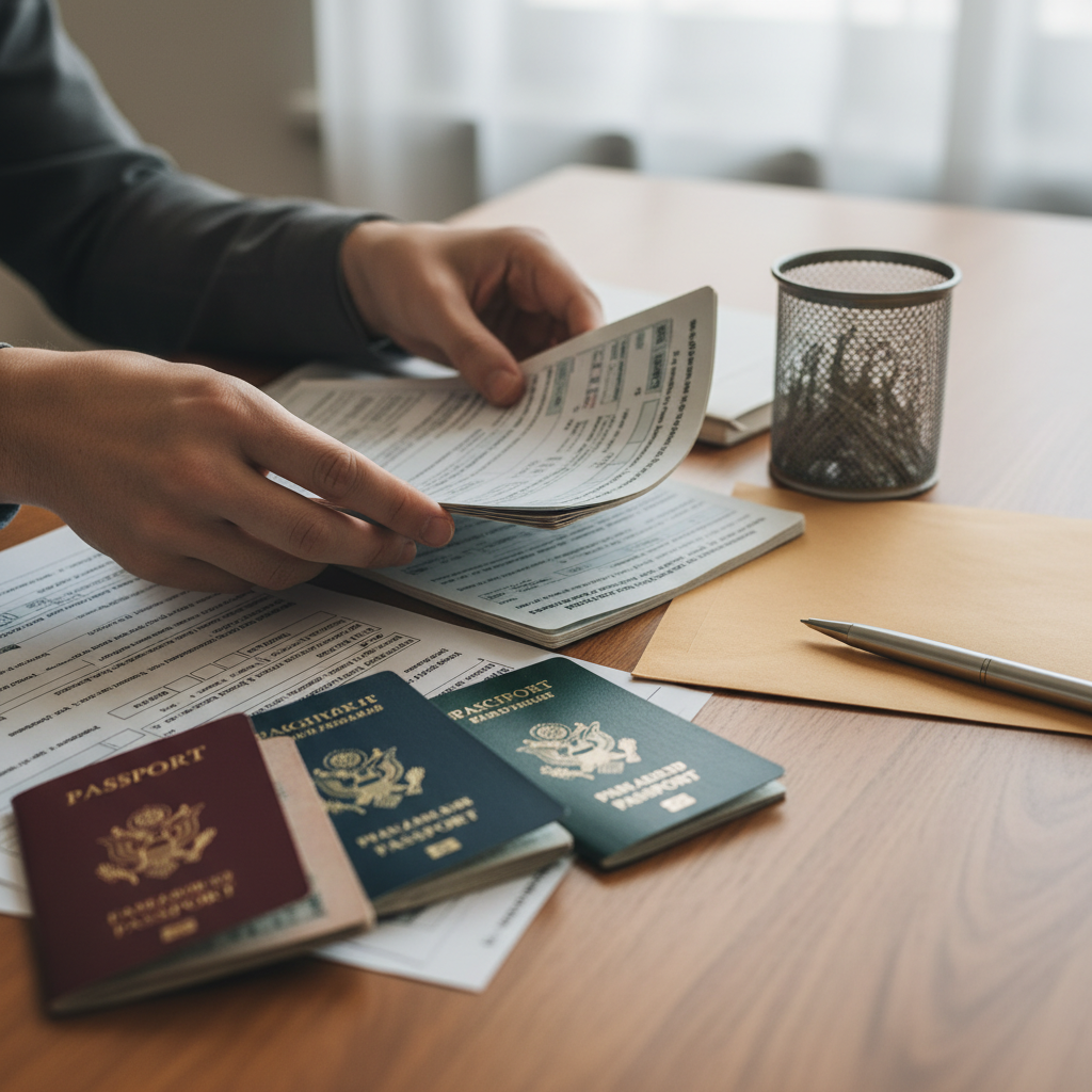 Close-up of sponsorship documents and passports for family sponsorship requirements in Canada