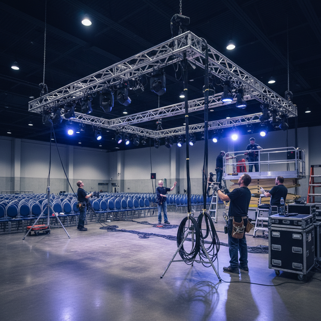 AV technicians setting stage lighting and truss in a large hybrid event hall near Toronto Pearson