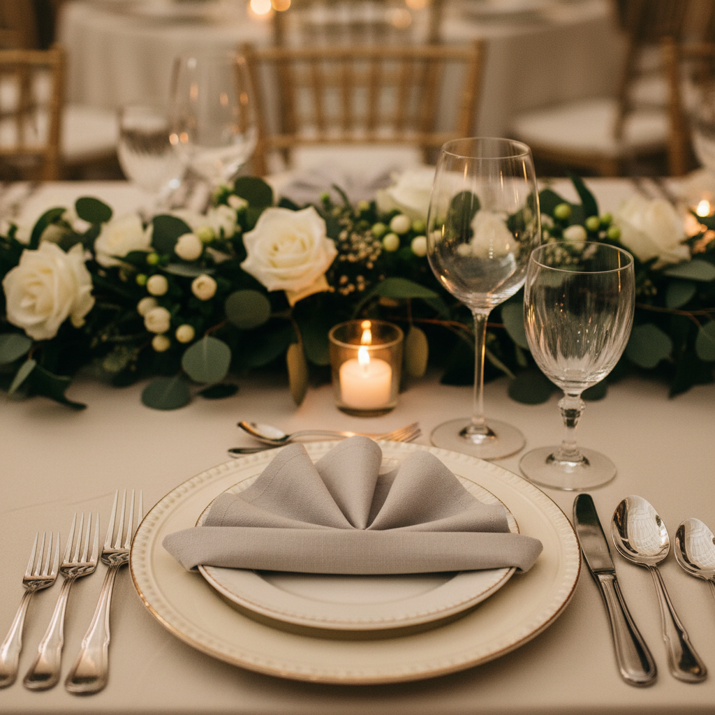 Close-up of elegant banquet table setting with crystal glassware and linens for banquet hall vs event space comparison