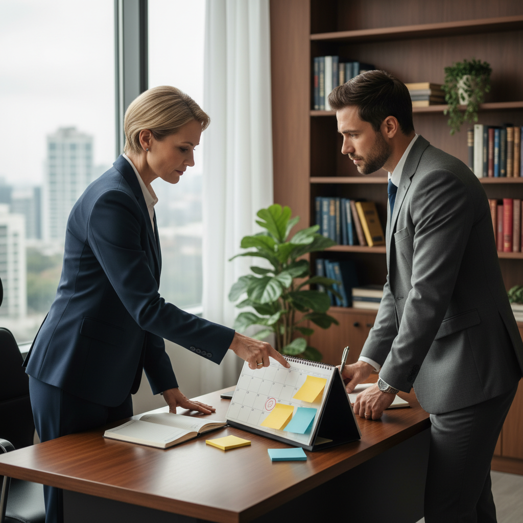 Attorney meeting a client to discuss judicial review application process deadlines in a bright office