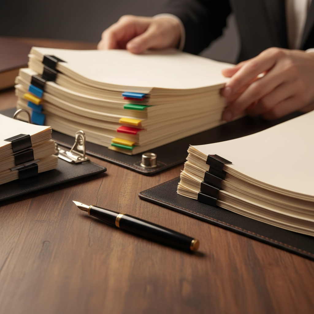 Close-up of lawyer organizing judicial review application process documents with tabs and pen on wooden desk