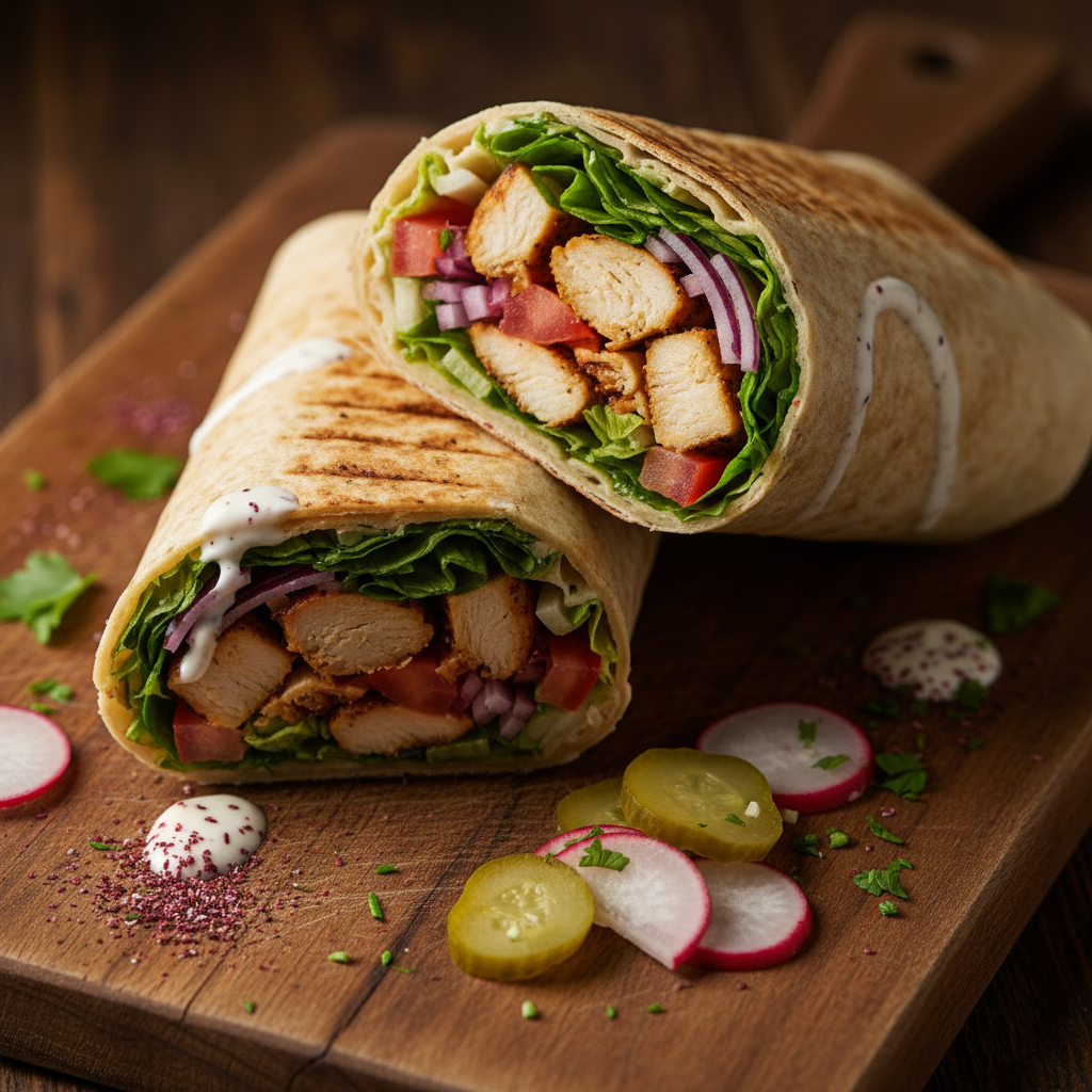 Close-up of a fresh chicken shawarma wrap with garlic sauce and pickles, ideal for Toronto middle eastern food delivery