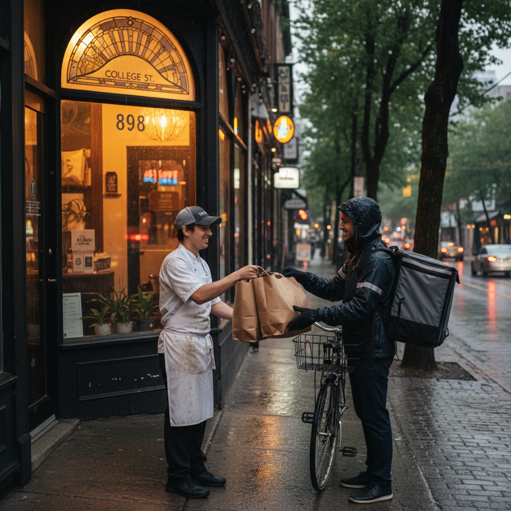 Delivery handoff outside 898 College St in Toronto for shawarma and Turkish cuisine orders