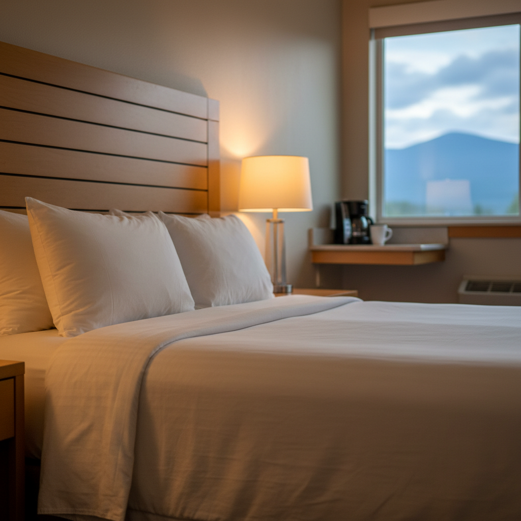 Renovated North Conway motel room close-up with crisp bedding, bedside lamp, and mountain view window at Briarcliff Motel, ideal for budget lodging North Conway tips