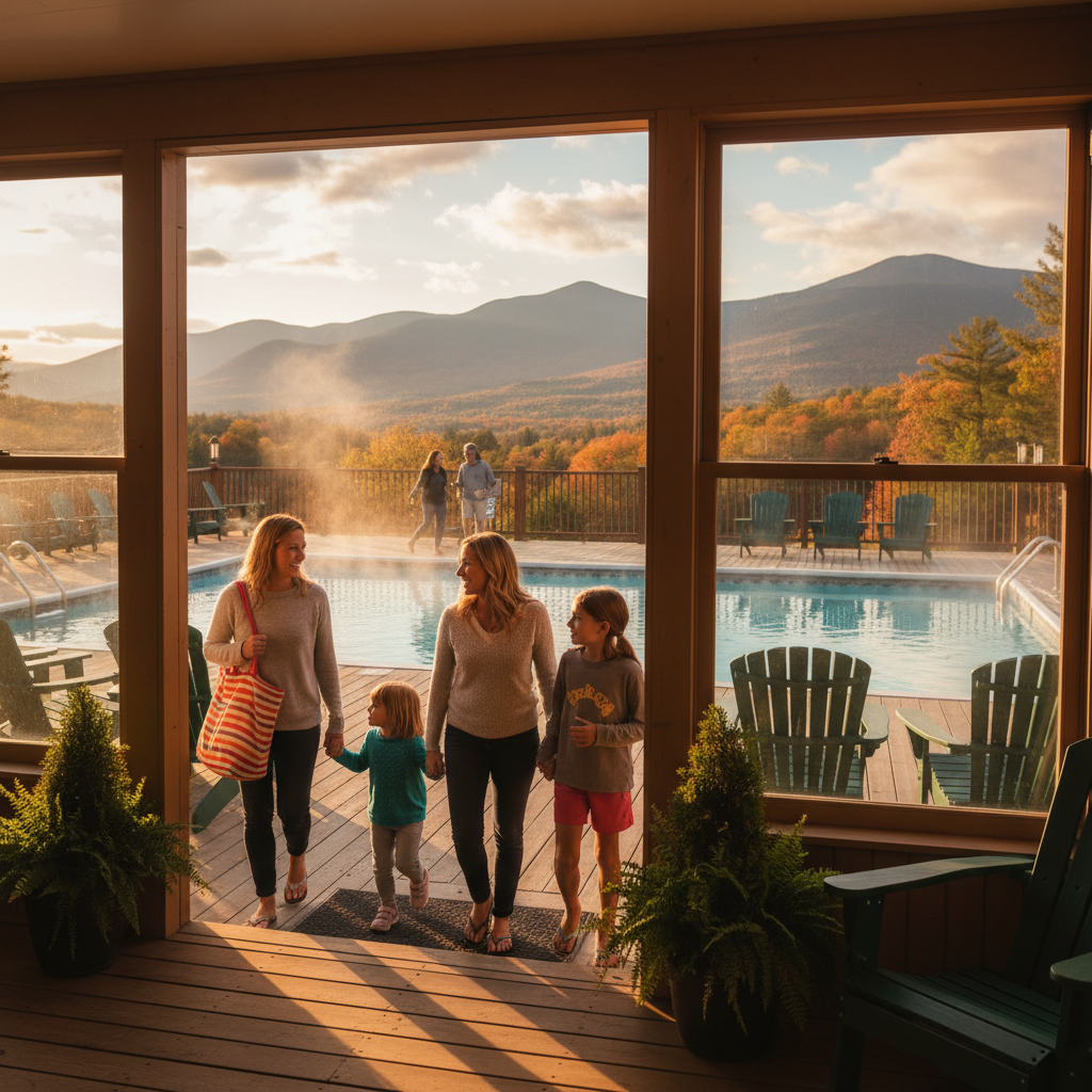 Enclosed porch at a North Conway motel overlooking an outdoor heated pool at sunset, illustrating value-focused amenities for budget lodging in North Conway