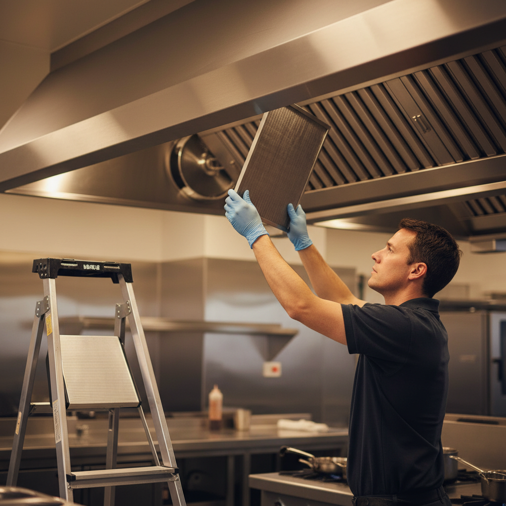 Technician sliding a clean stainless baffle filter into a commercial hood in Ontario kitchen
