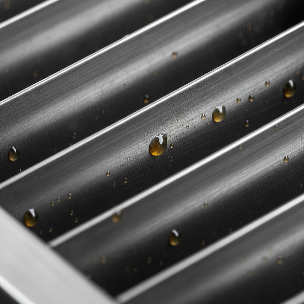 Close-up of stainless steel baffle grease filter showing slanted baffles for grease capture in commercial kitchen