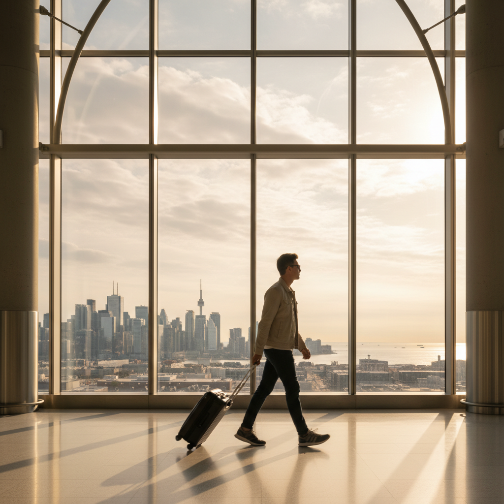 Traveler in bright airport corridor after Canadian work permit approval, suitcase in hand, Toronto Pearson style scene