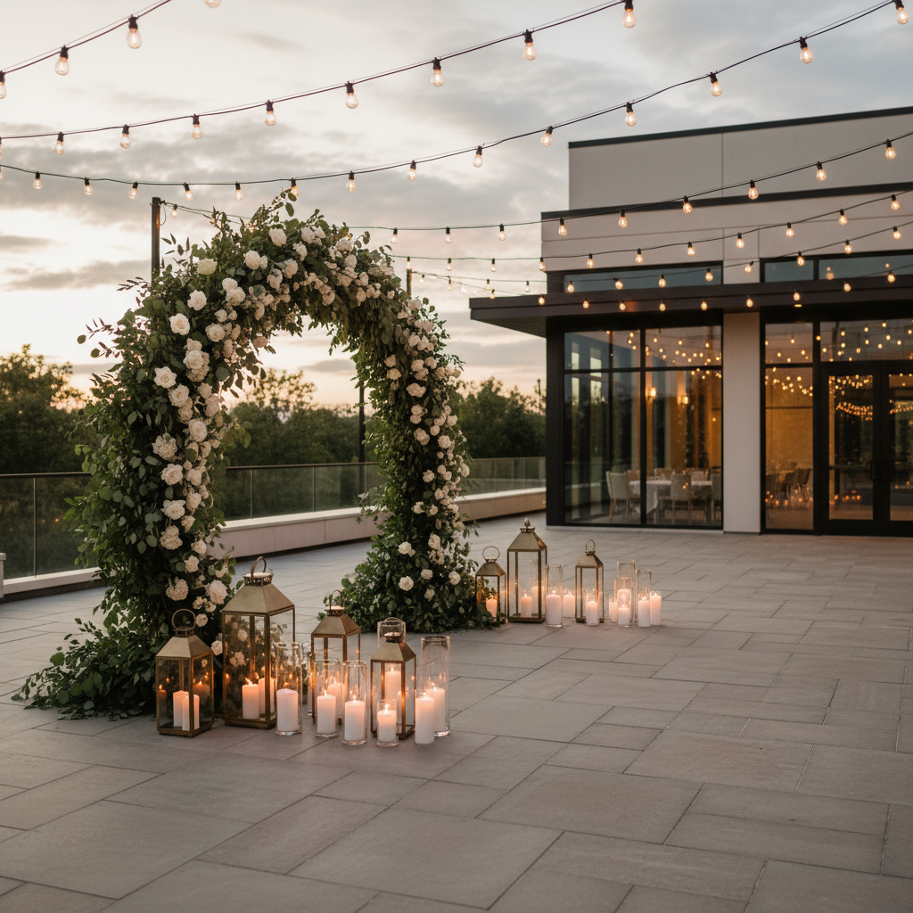 Outdoor patio wedding ceremony setup with floral arch, lantern aisle, and string lights at Mississauga Convention Centre, highlighting event venue decoration ideas