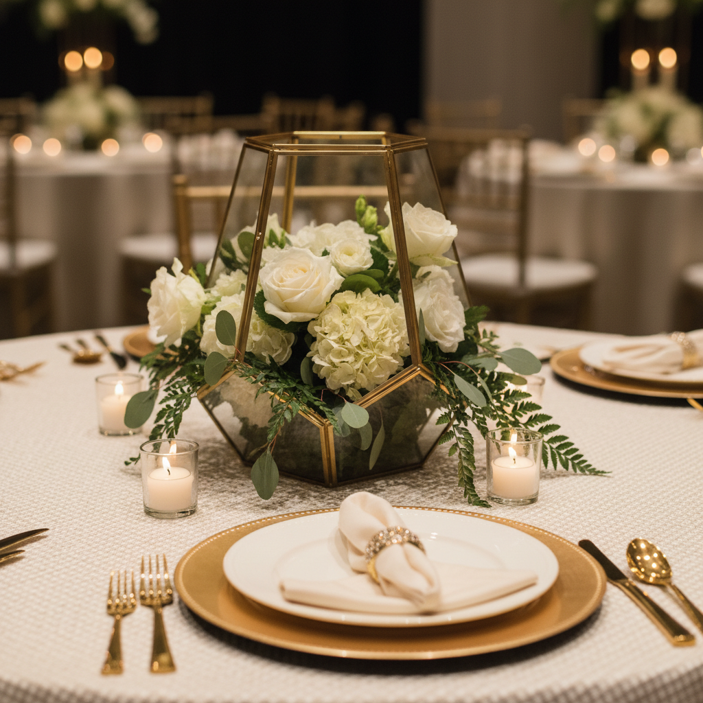 Luxurious event tablescape with gold lantern centerpiece and candles at Mississauga Convention Centre, illustrating event venue decoration ideas