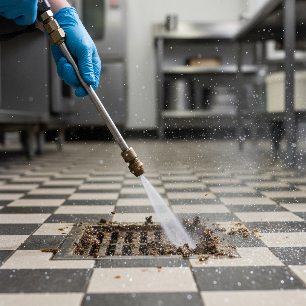 Close-up of pressure washer nozzle on greasy floor drain in a commercial kitchen, demonstrating safe power washing technique