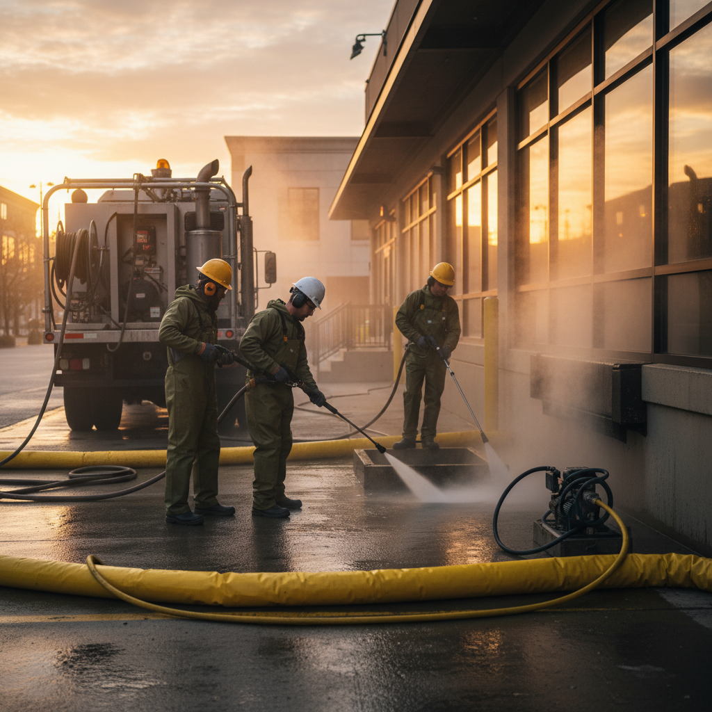 Outdoor restaurant loading dock being degreased with hot water power washer and containment berms for safety