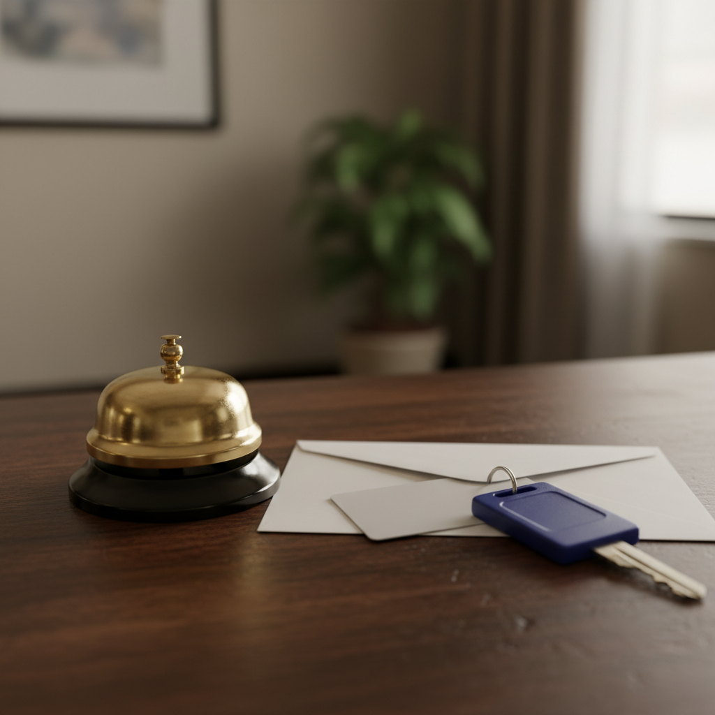 After-hours motel check-in essentials: bell, key fob, and keycard on wooden counter for late arrival motel accommodations planning