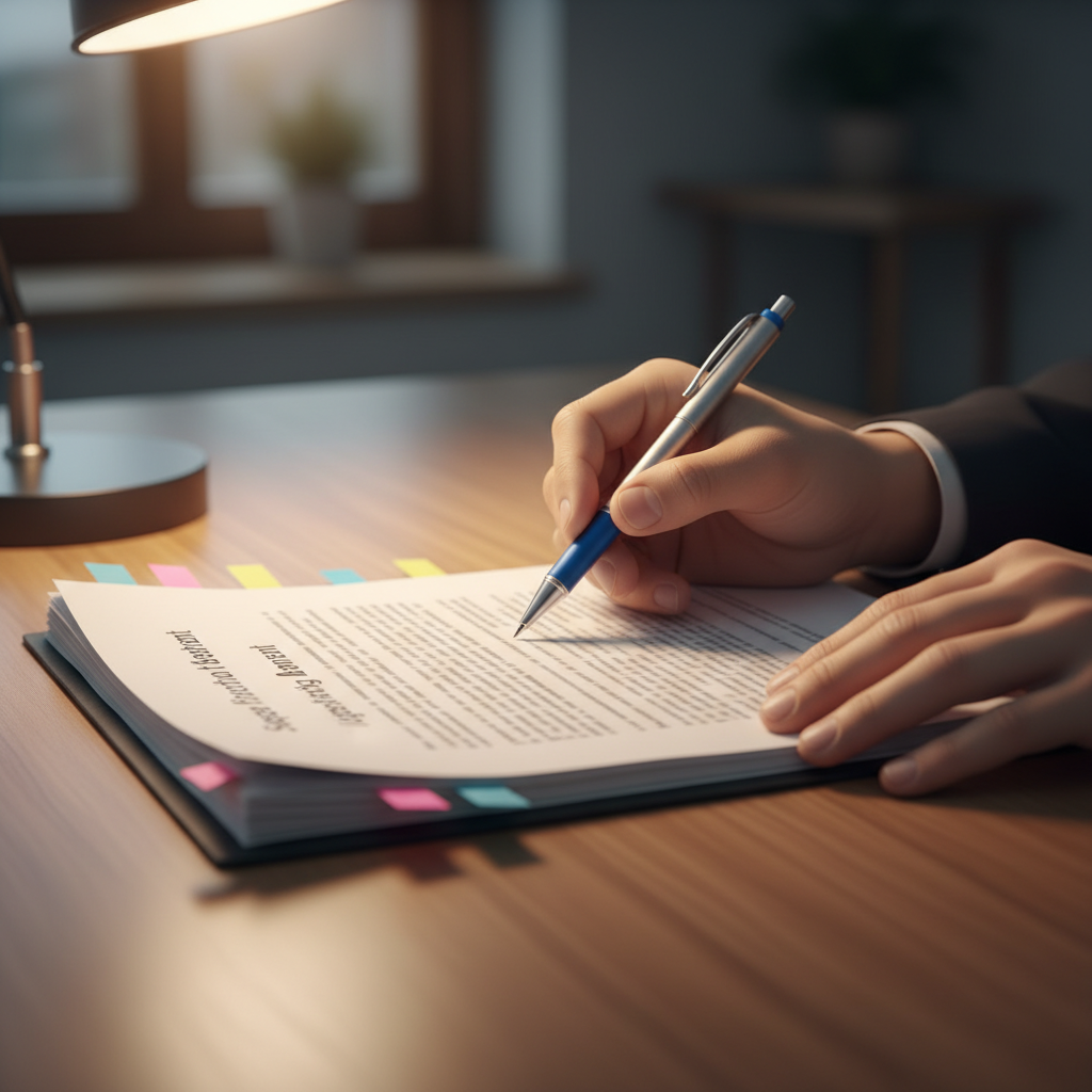 close-up hands reviewing separation agreement draft with pen and page flags, negotiation tips focus