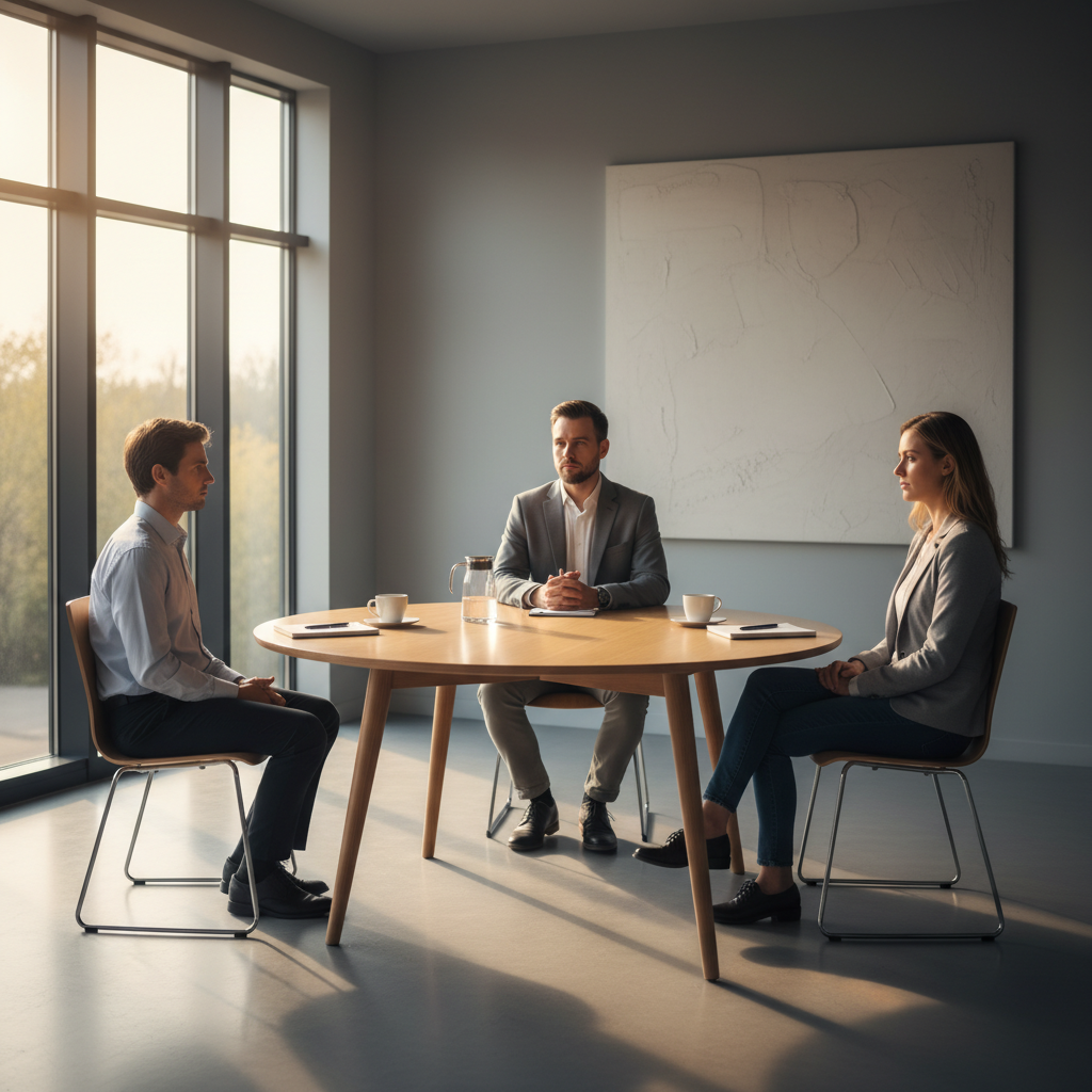 calm mediation session with neutral mediator guiding separation agreement discussion