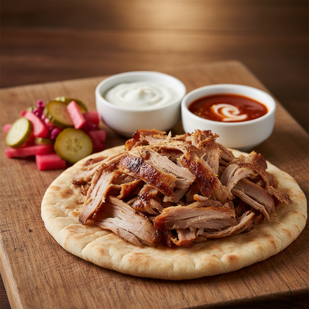 Close-up of shawarma catering ingredients for Toronto corporate meetings: sliced shawarma, pita, pickled vegetables, sauces
