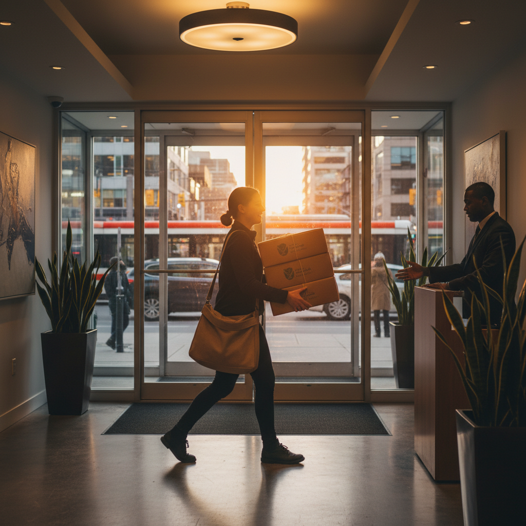 Courier delivering eco-friendly catering boxes to a Toronto office near College Street for corporate meeting
