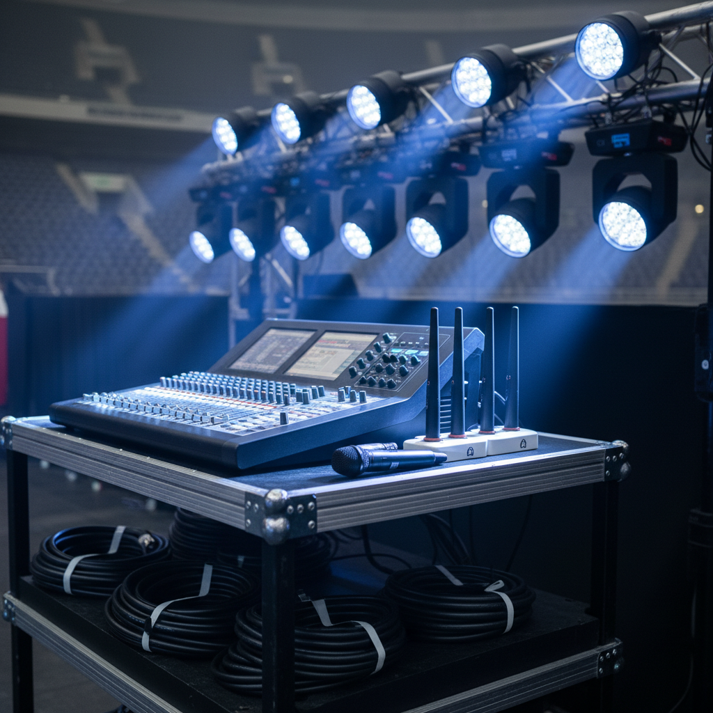 Close-up professional AV setup with mixing console and microphones for a Mississauga corporate event venue rental