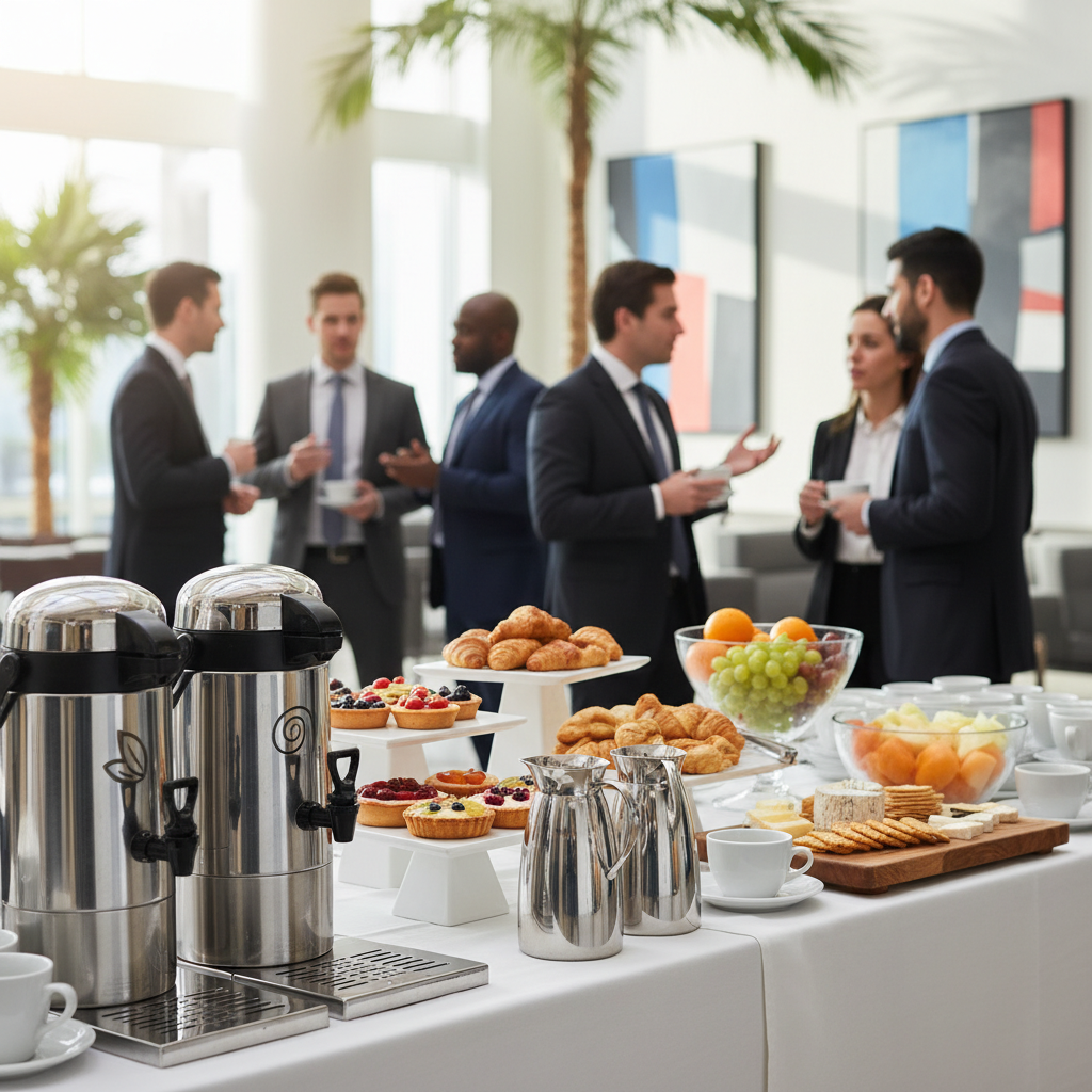Conference coffee break catering station at a Mississauga corporate event venue rental with pastries and coffee urns