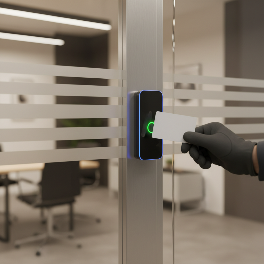 Access control systems with a security guard tapping RFID card at office entry, illustrating how to hire security guards with integrated access control