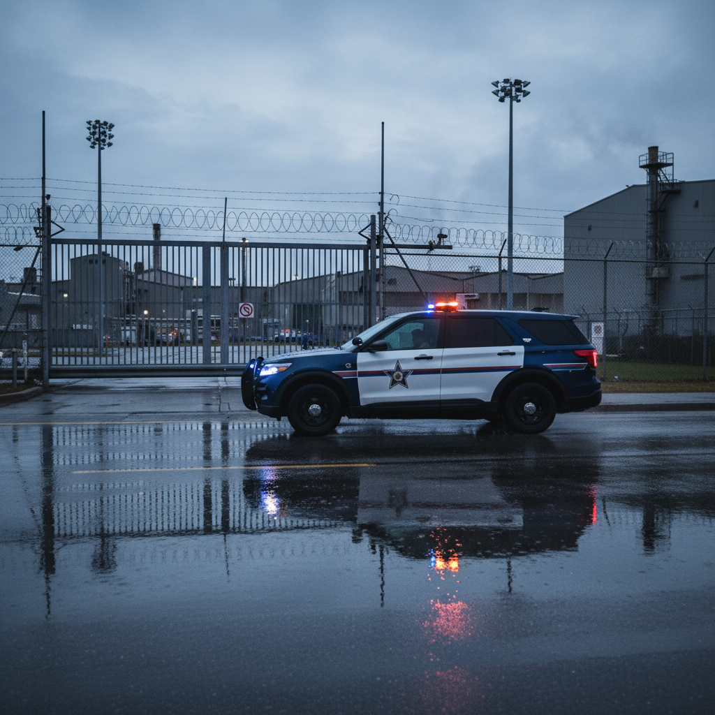 Mobile patrol security vehicle inspecting an industrial facility gate at night, supporting guard services with patrol coverage and rapid response
