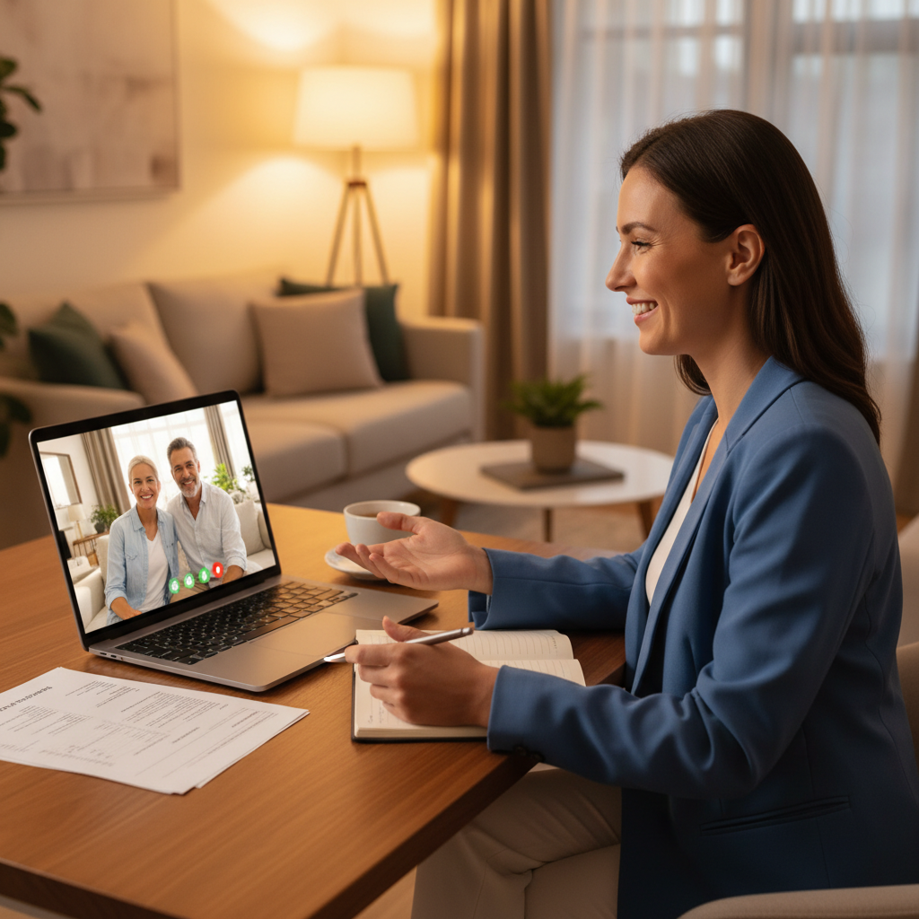 Mortgage broker on a video call guiding clients through how to compare home loan options using a digital-first process
