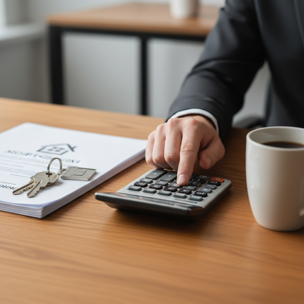 Close-up of calculator, mortgage paperwork, and house keys illustrating how to compare home loan options and model repayments
