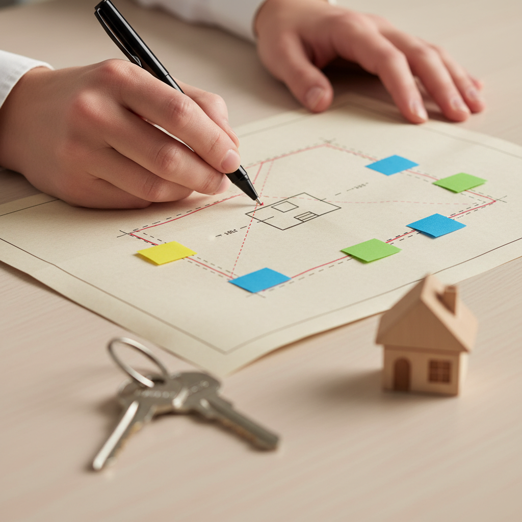 Close-up of survey map and property boundary marking for real estate dispute resolution