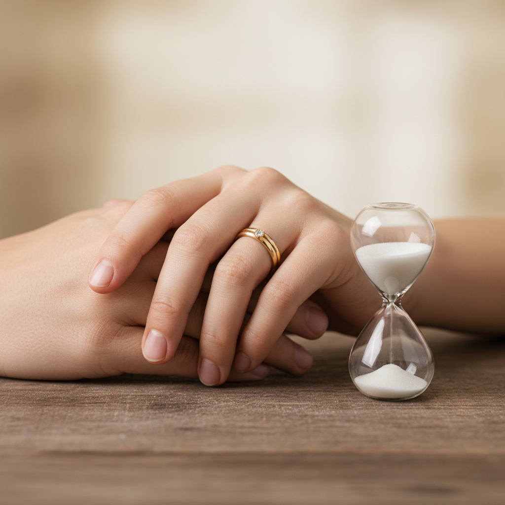 Wedding rings beside hourglass visualizing spousal sponsorship timeline Canada and PR steps