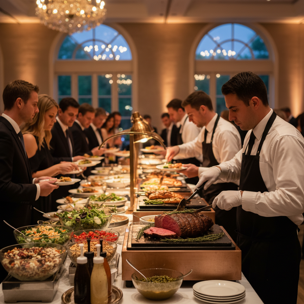 staffed buffet service line at upscale event, halal-friendly menu stations and carving, warm ballroom lighting
