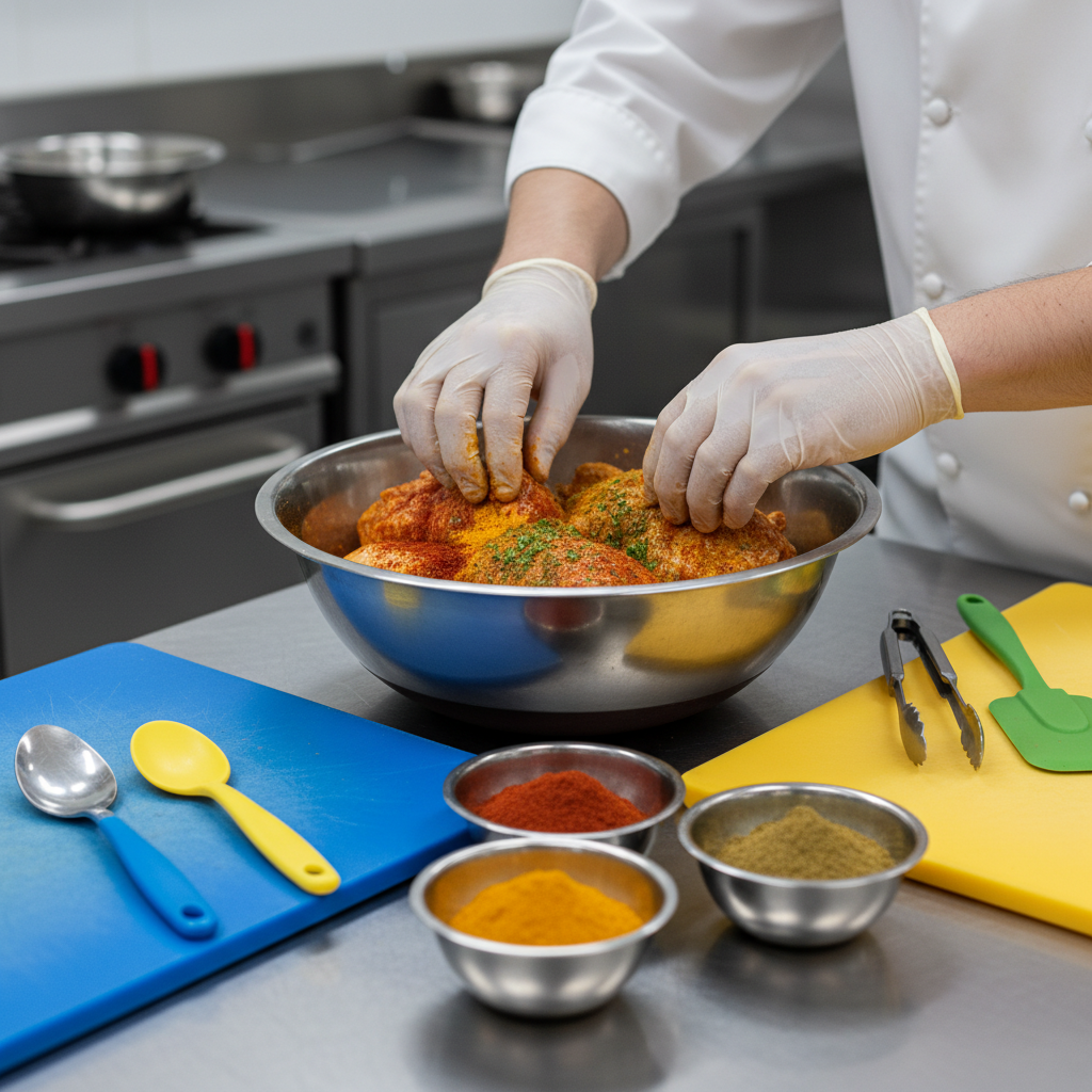 close-up of halal chicken marinating with spices in a commercial kitchen, color-coded utensils, halal catering menu planning detail