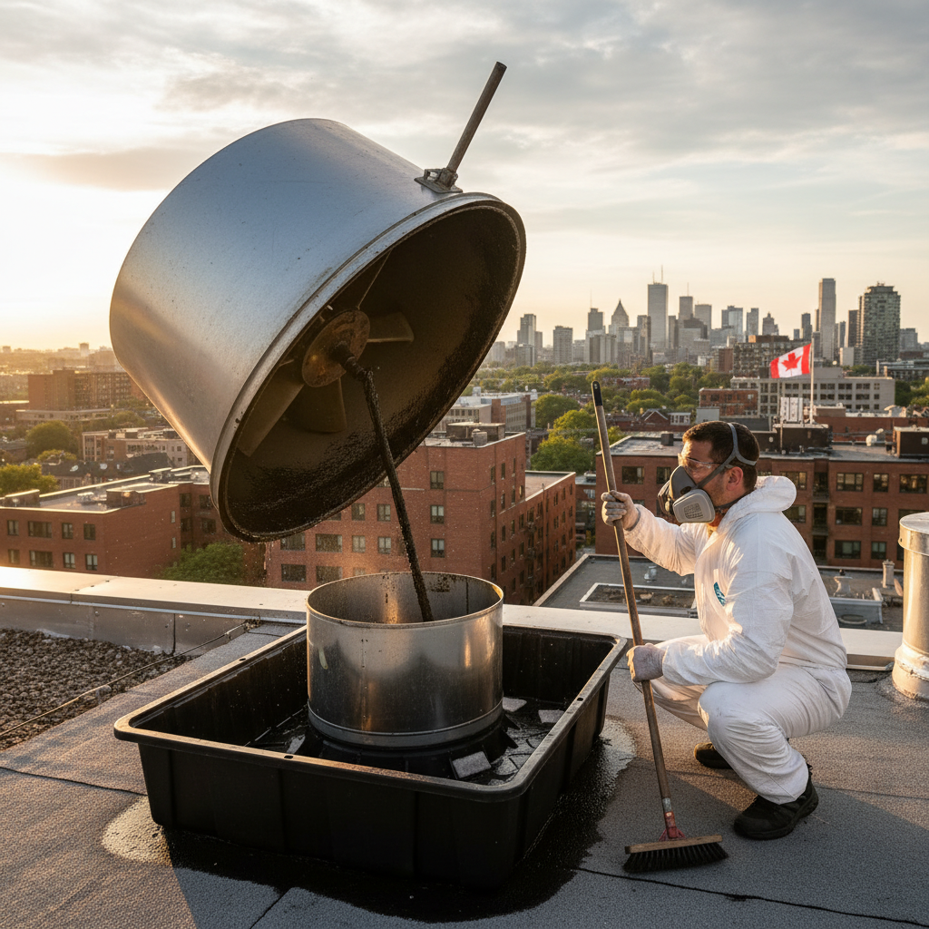 Rooftop upblast exhaust fan hinged open for cleaning with clean duct opening, supporting fire prevention
