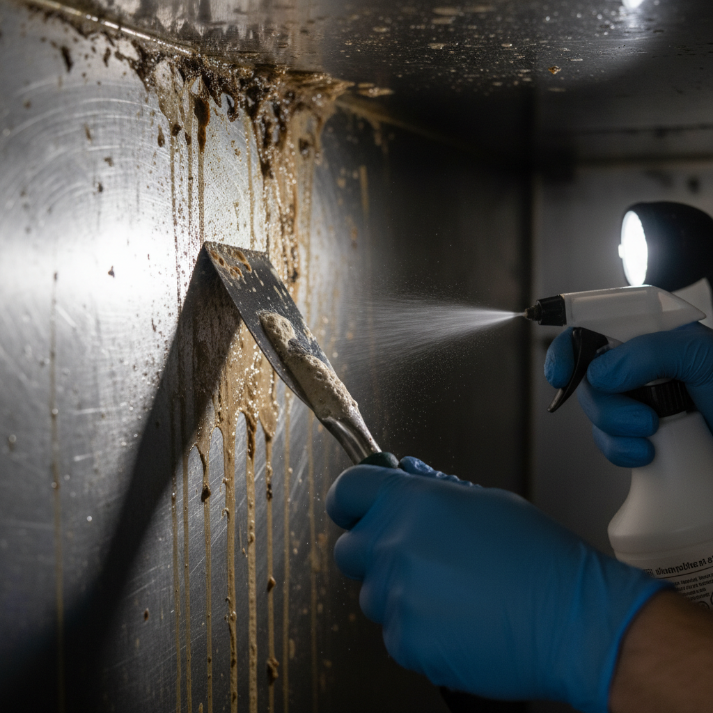 Close-up of a greasy exhaust duct interior being degreased for exhaust duct cleaning fire prevention