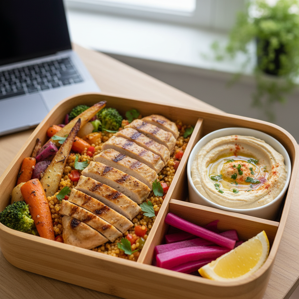 close-up organized office lunch box with chicken shawarma, hummus, and roasted vegetables, optimized for office lunch box keyword