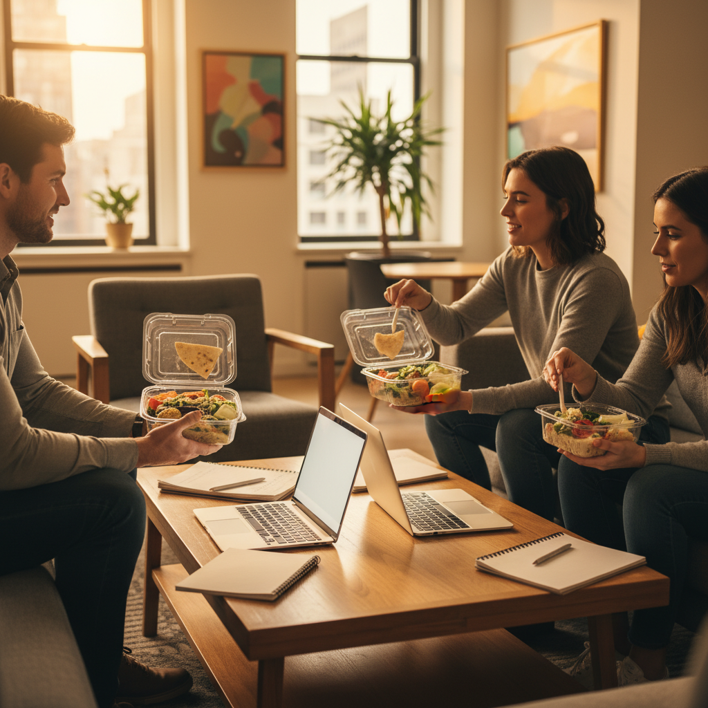 coworkers sharing Mediterranean office lunch boxes during a meeting, Toronto office scene relevant to office lunch box planning