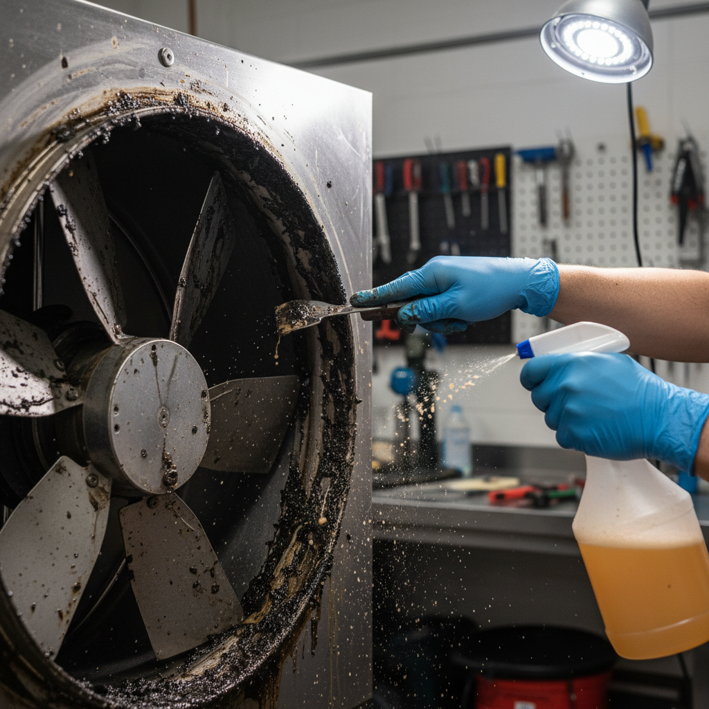 Technician cleaning greasy upblast exhaust fan blade and housing, commercial kitchen exhaust fan maintenance in Ontario
