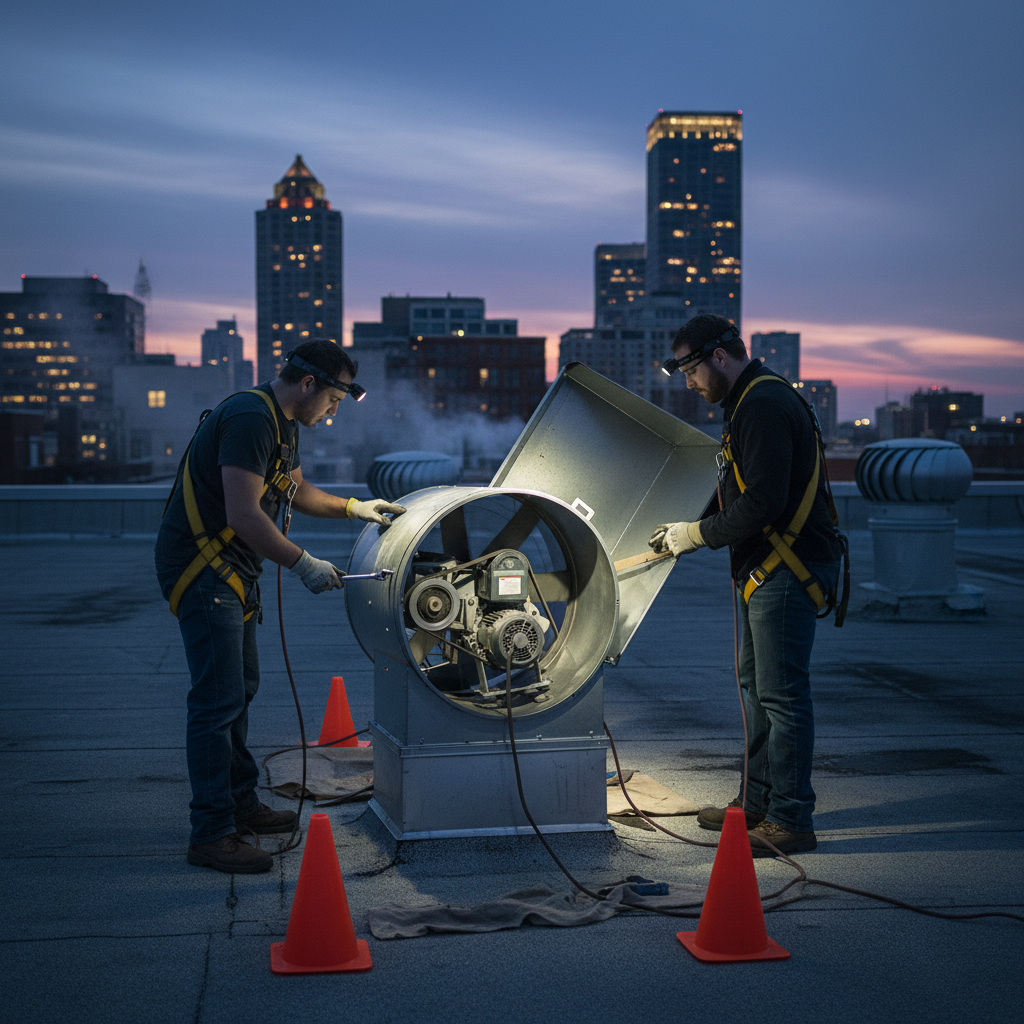 Rooftop upblast exhaust fan open on hinge with technicians servicing belts and motor, Ontario commercial kitchen rooftop maintenance