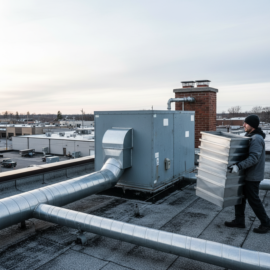 Technician carrying clean stainless baffle filters near rooftop exhaust fan in Southern Ontario