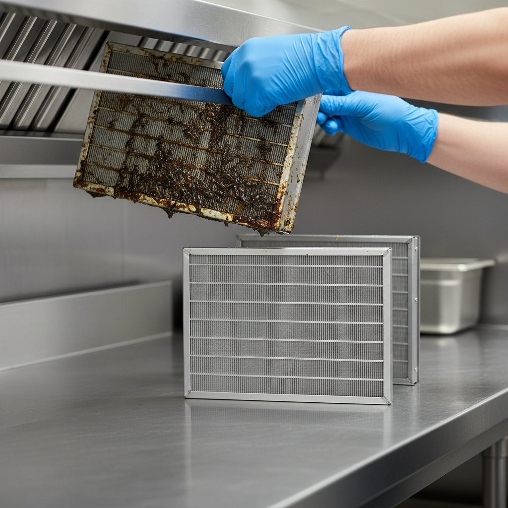 Close-up of stainless baffle exhaust filter being removed during commercial kitchen exhaust filter replacement in Ontario