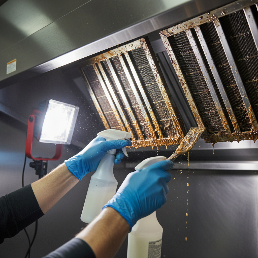 Close-up of baffle filter removal and degreasing during NFPA 96 hood cleaning in Ontario commercial kitchen