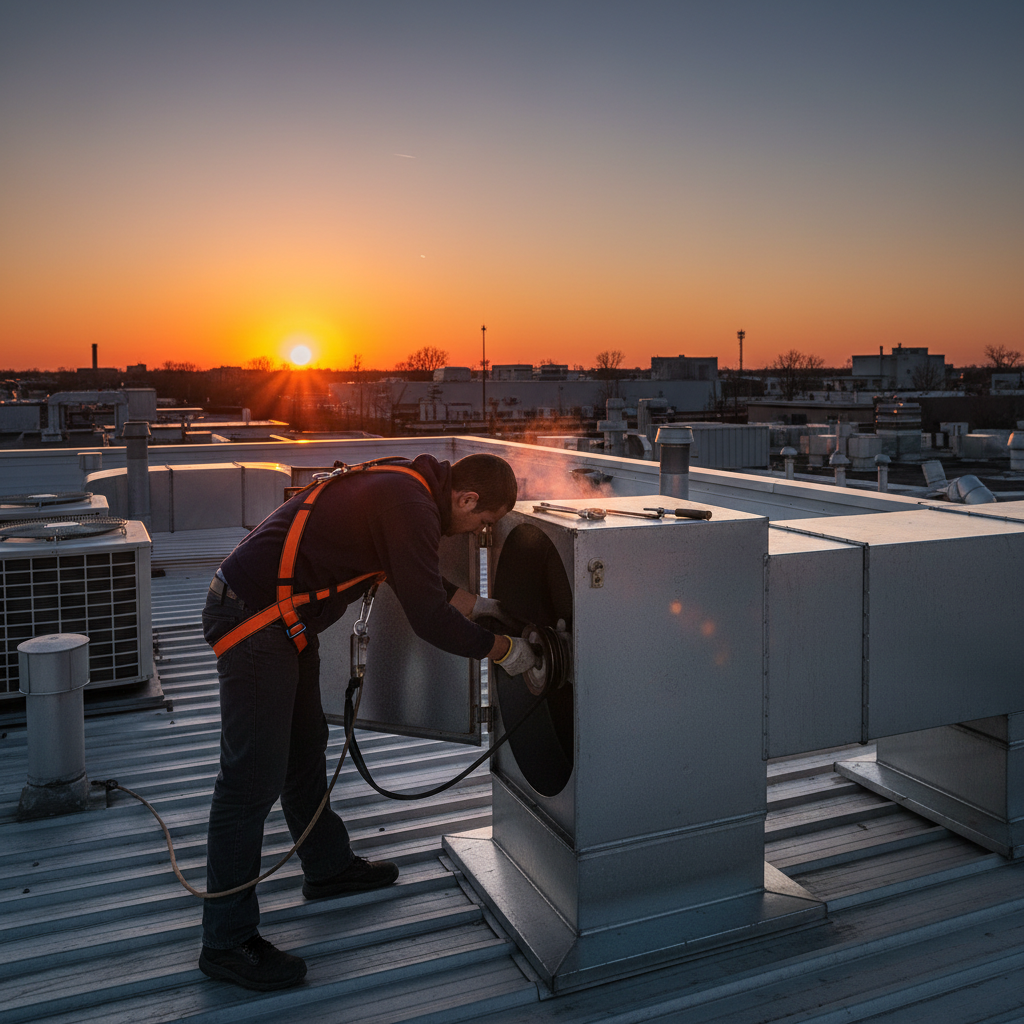 Technician inspecting rooftop exhaust fan belt to boost commercial kitchen ventilation efficiency