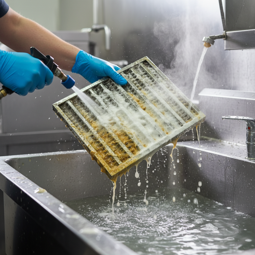 Close-up of baffle filter deep cleaning for commercial kitchen ventilation system efficiency