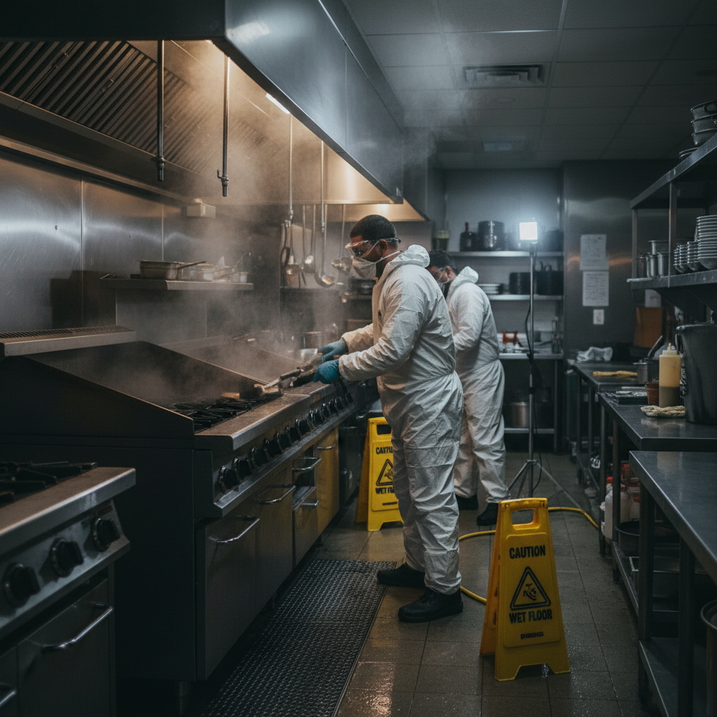 Technicians in PPE performing nighttime deep clean on commercial grill and hood area with steam and task lighting